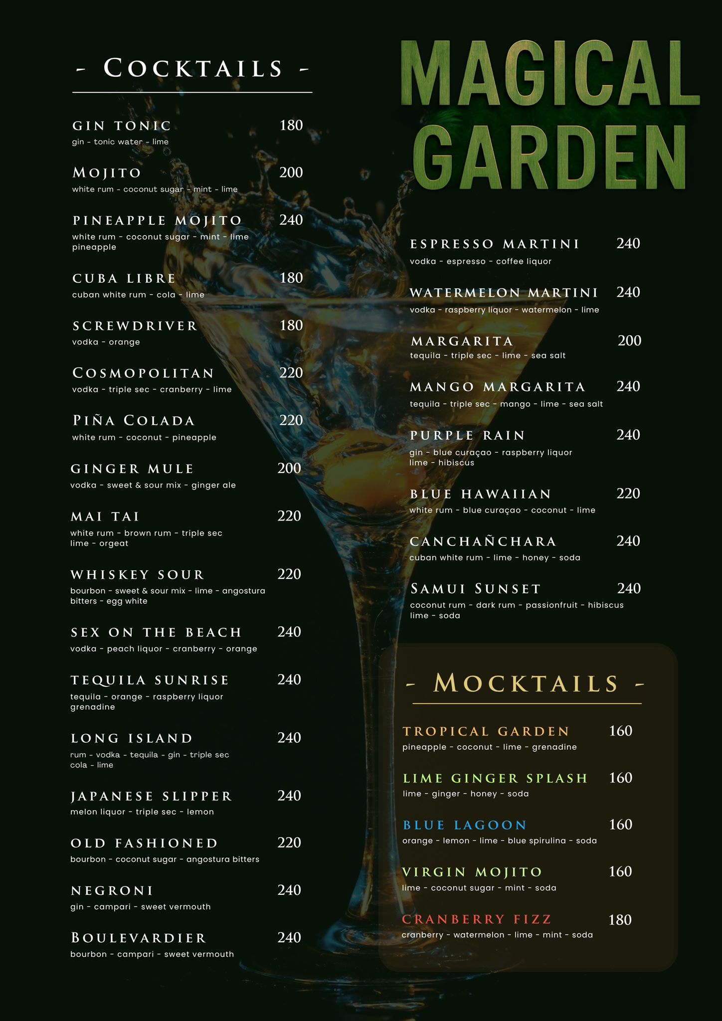 Magical Garden Cocktails Mocktails Menu - Premium Mixed Drinks Ko Samui