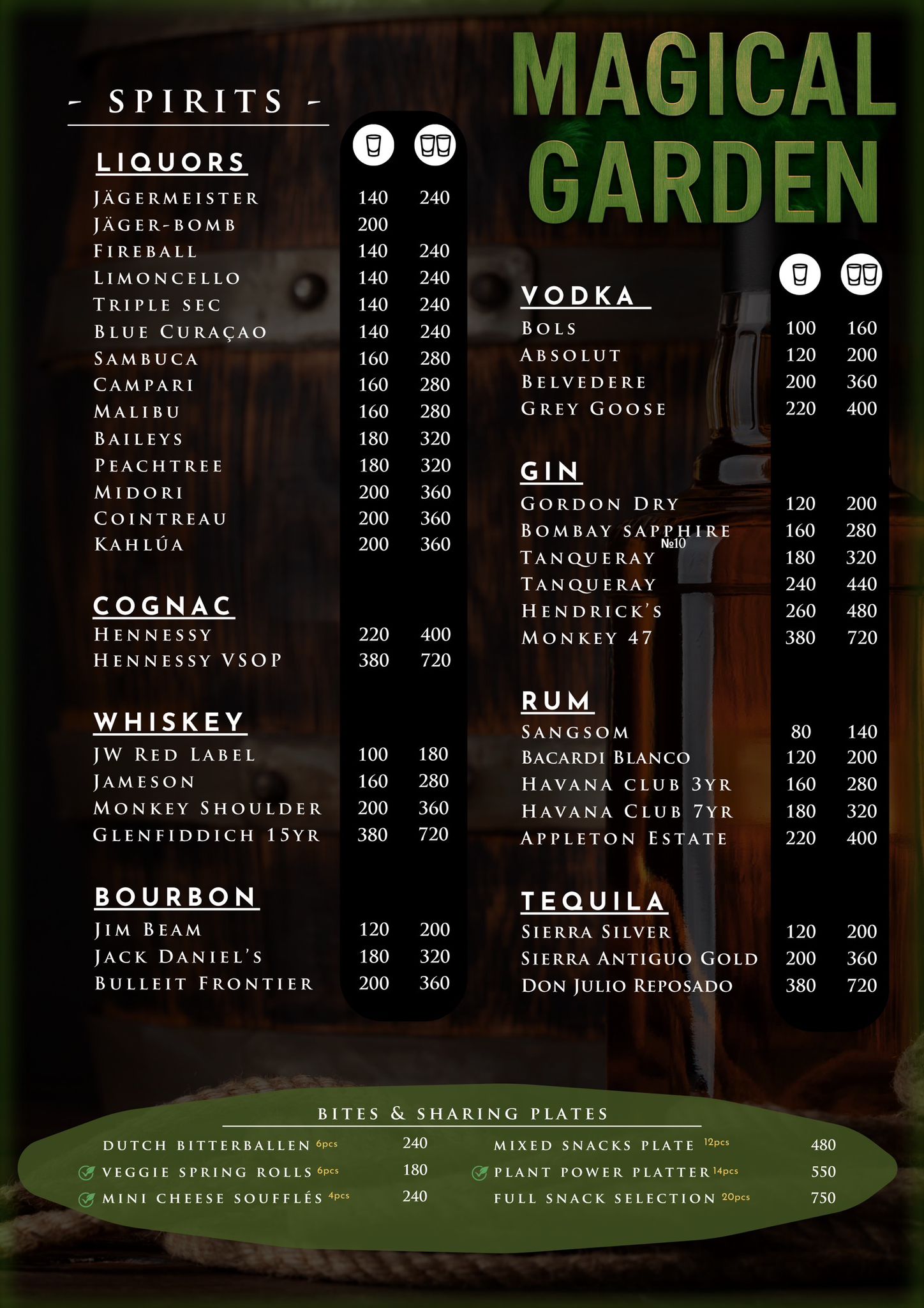 Magical Garden Spirits Menu - Vodka Gin Rum Tequila Whiskey Bourbon Cognac - Ko Samui
