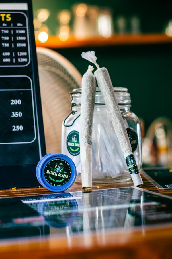Hand-rolled cannabis joints on display at Magical Garden, Fisherman's Village