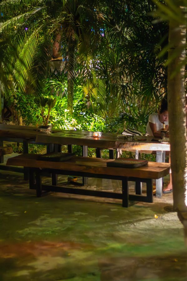 Magical Garden outdoor dining area with fairy lights at night, Ko Samui